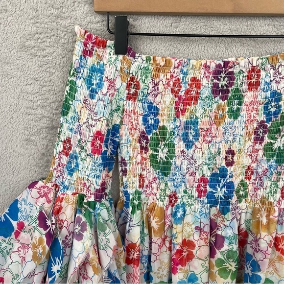 Mochi Dress Women Small Floral Red Blue Yellow Smocked Flare Sleeve Off Shoulder - Picture 8 of 16